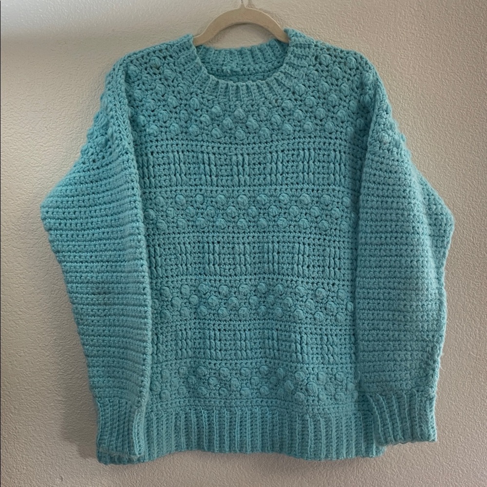 Chucky turquoise cable bubble 3D Knit Sweater handmade oversized lagenlook  XL